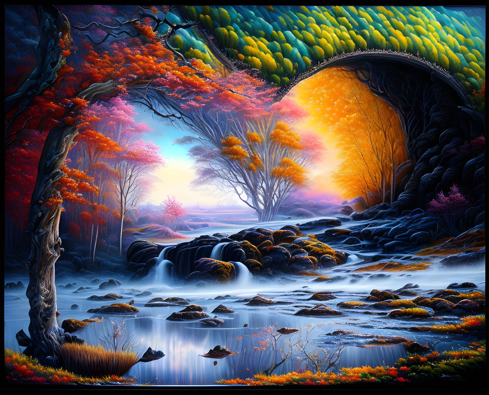 Colorful Fantasy Landscape with Stream and Bridge