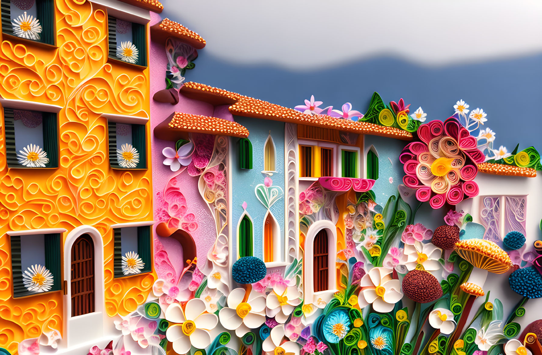 Colorful 3D artwork featuring whimsical houses with floral patterns