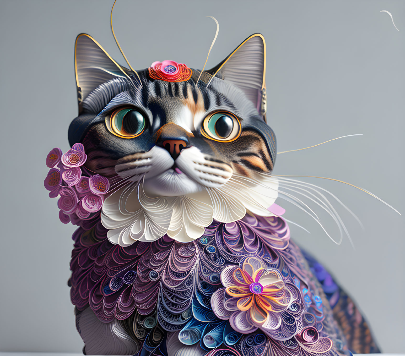 Colorful Quilled Paper Cat Artwork with Floral Designs