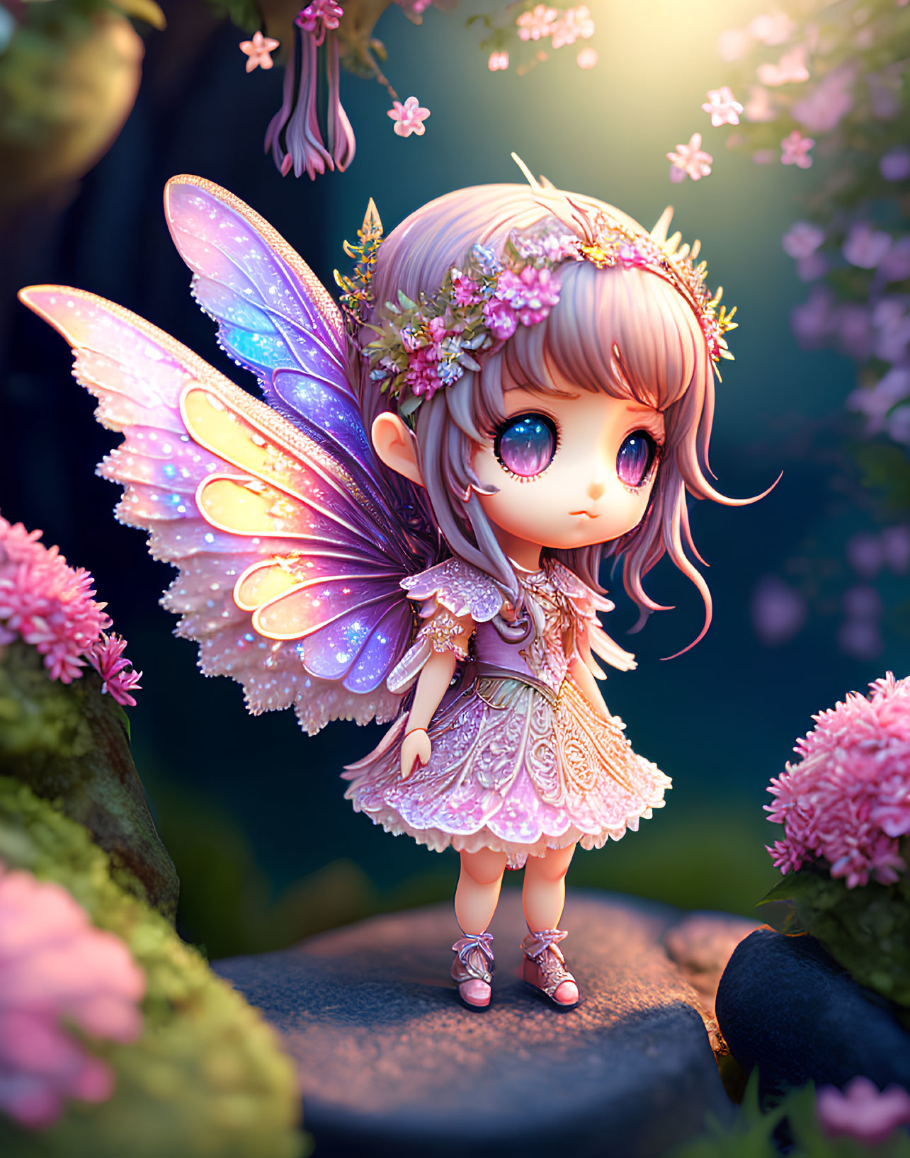 Whimsical fairy with iridescent wings in enchanted forest