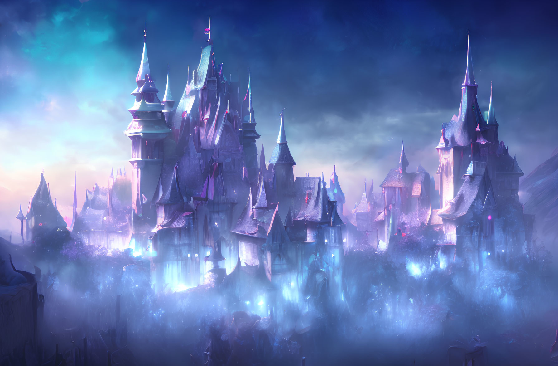 Mystical fantasy castle with spires in foggy twilight landscape