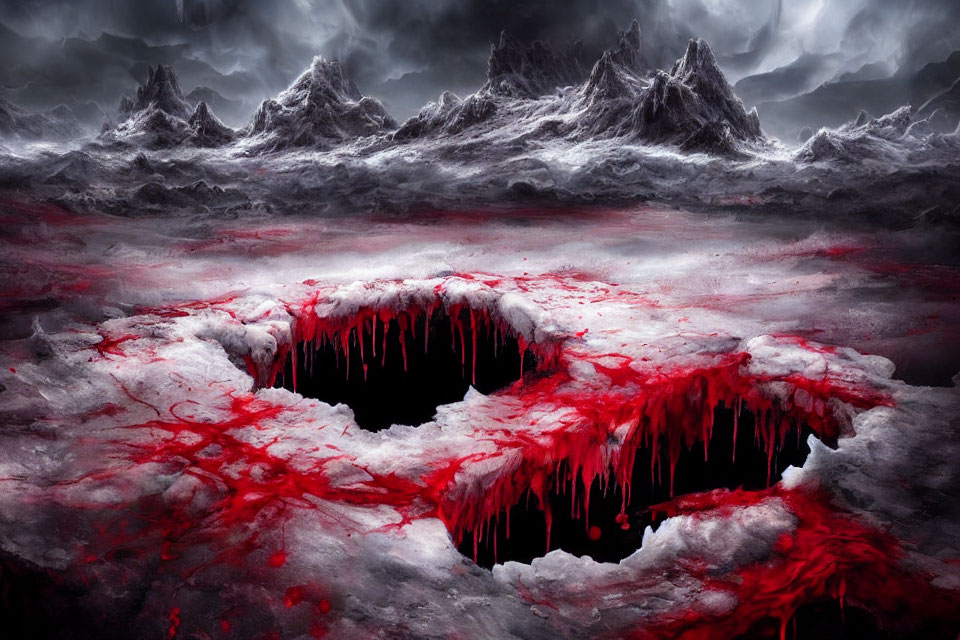 Dark Landscape with Jagged Mountains and Blood-Red Fissure