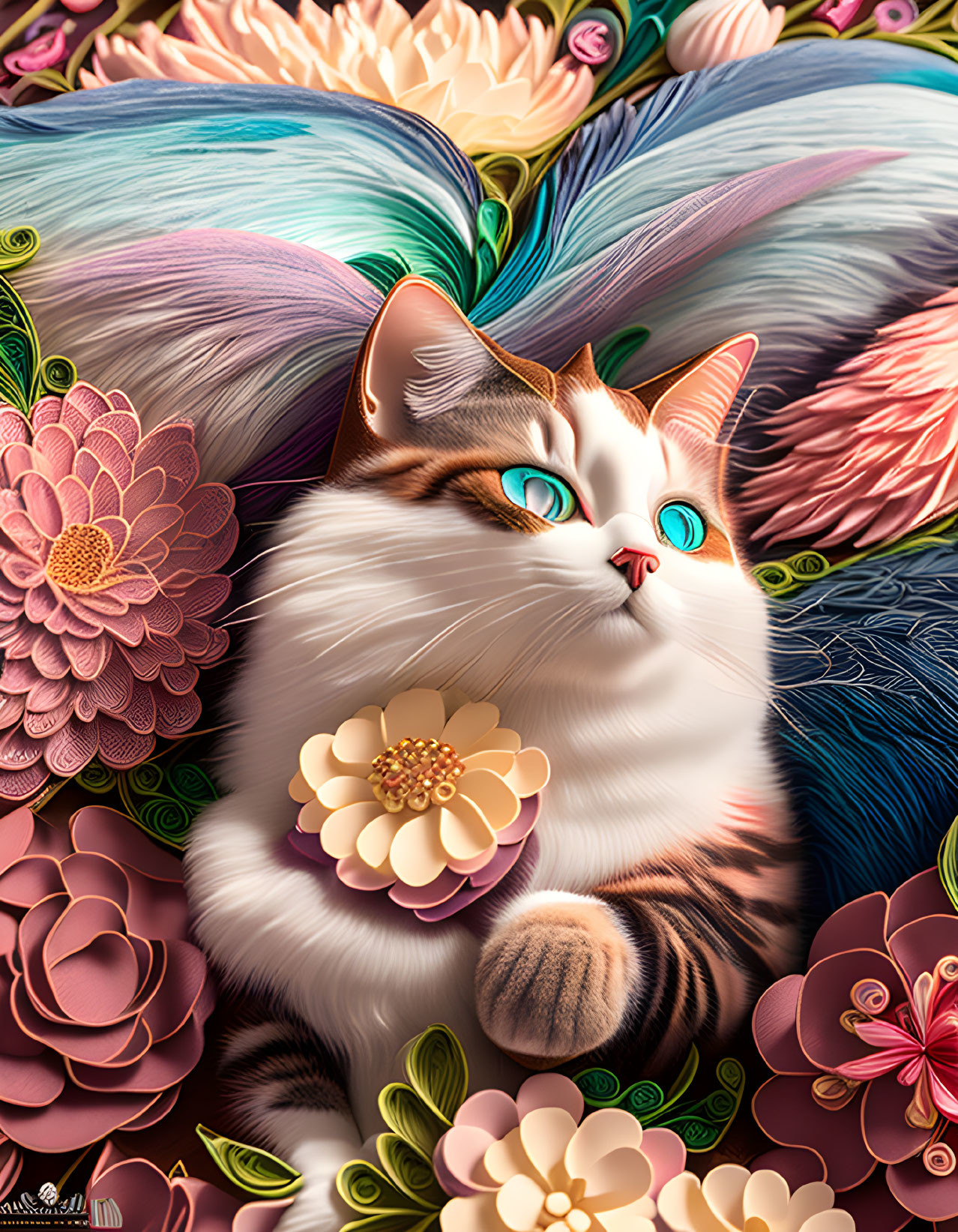 Vivid cat illustration with turquoise eyes and vibrant flowers.