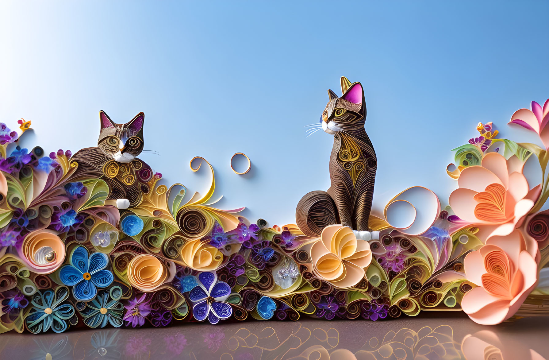 Stylized cats with quilled paper flowers on blue gradient background