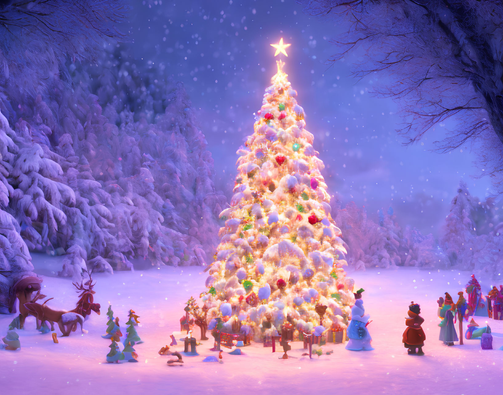 Decorated Christmas tree in snowy landscape with holiday characters and animals.