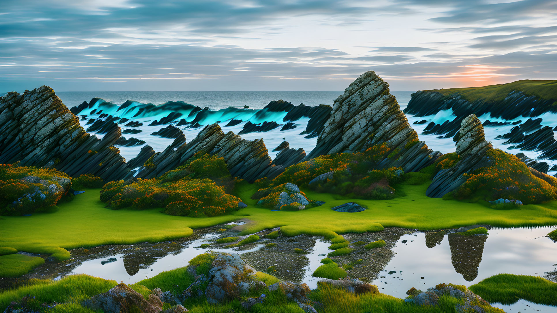 Scenic coastal landscape: sunset, rocks, hills, tide pools, serene sky