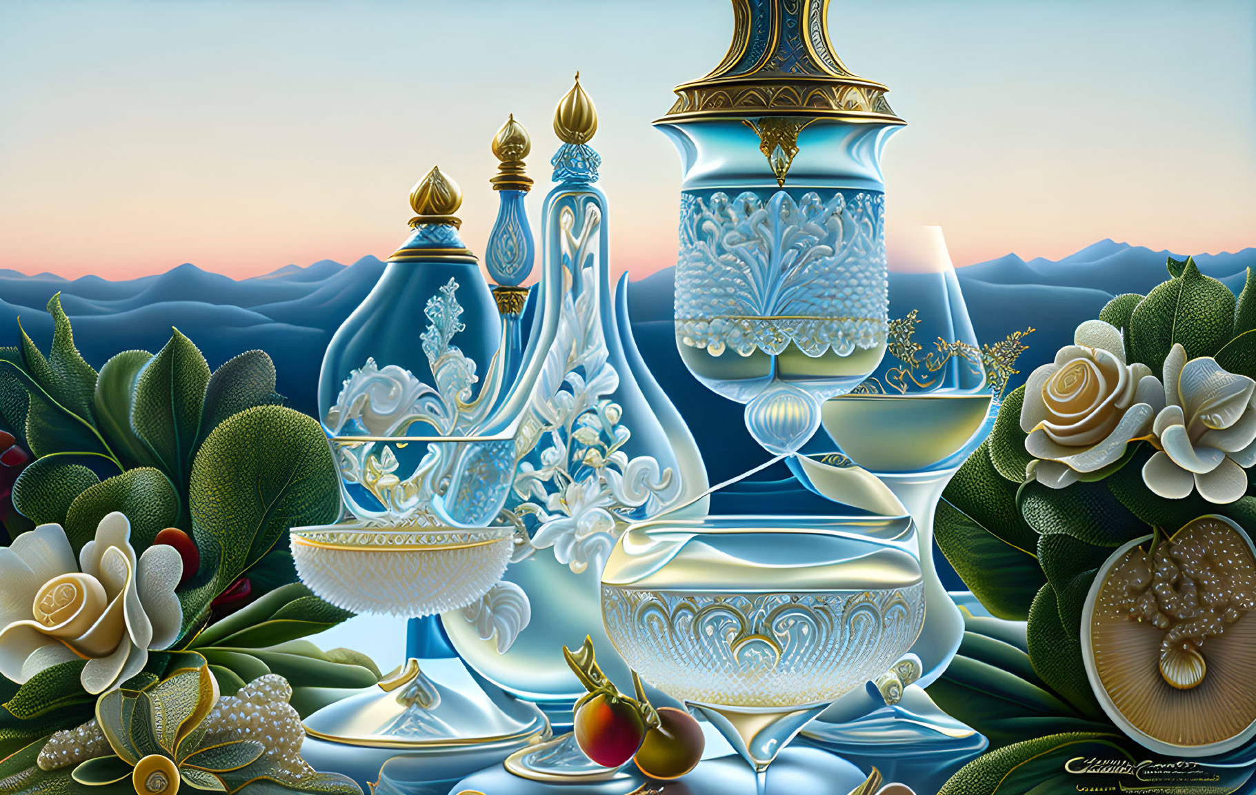 Luxurious Still Life Painting with Ornate Vessels and Succulent Plants