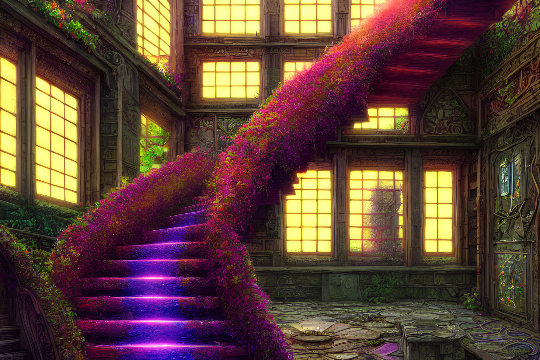 Enchanting digital artwork of ivy-clad staircase in mystical building