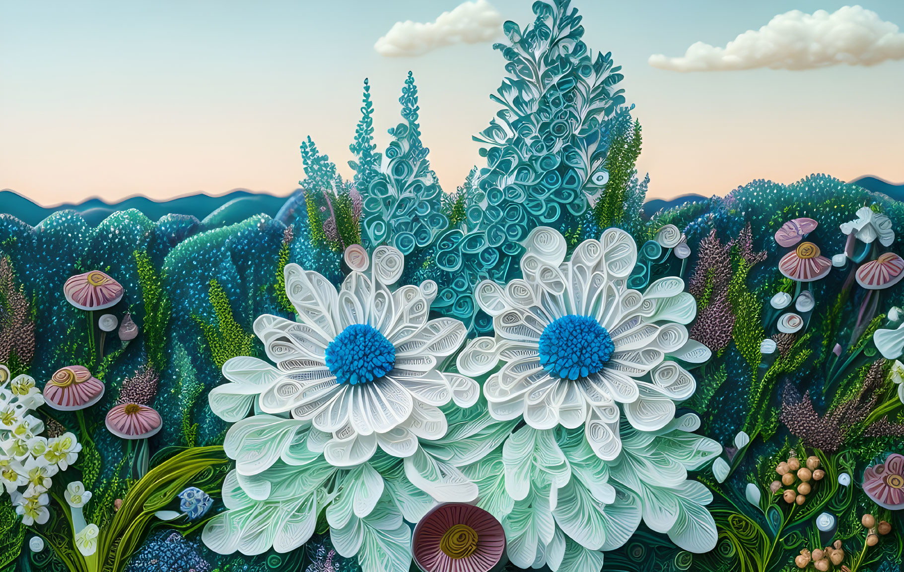 Colorful oversized flower artwork against rolling hills and cloudy sky