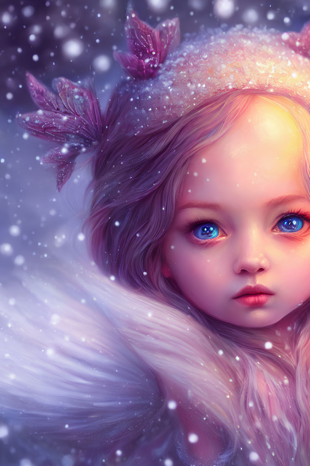 Fantastical image of girl with blue eyes in snowy setting.