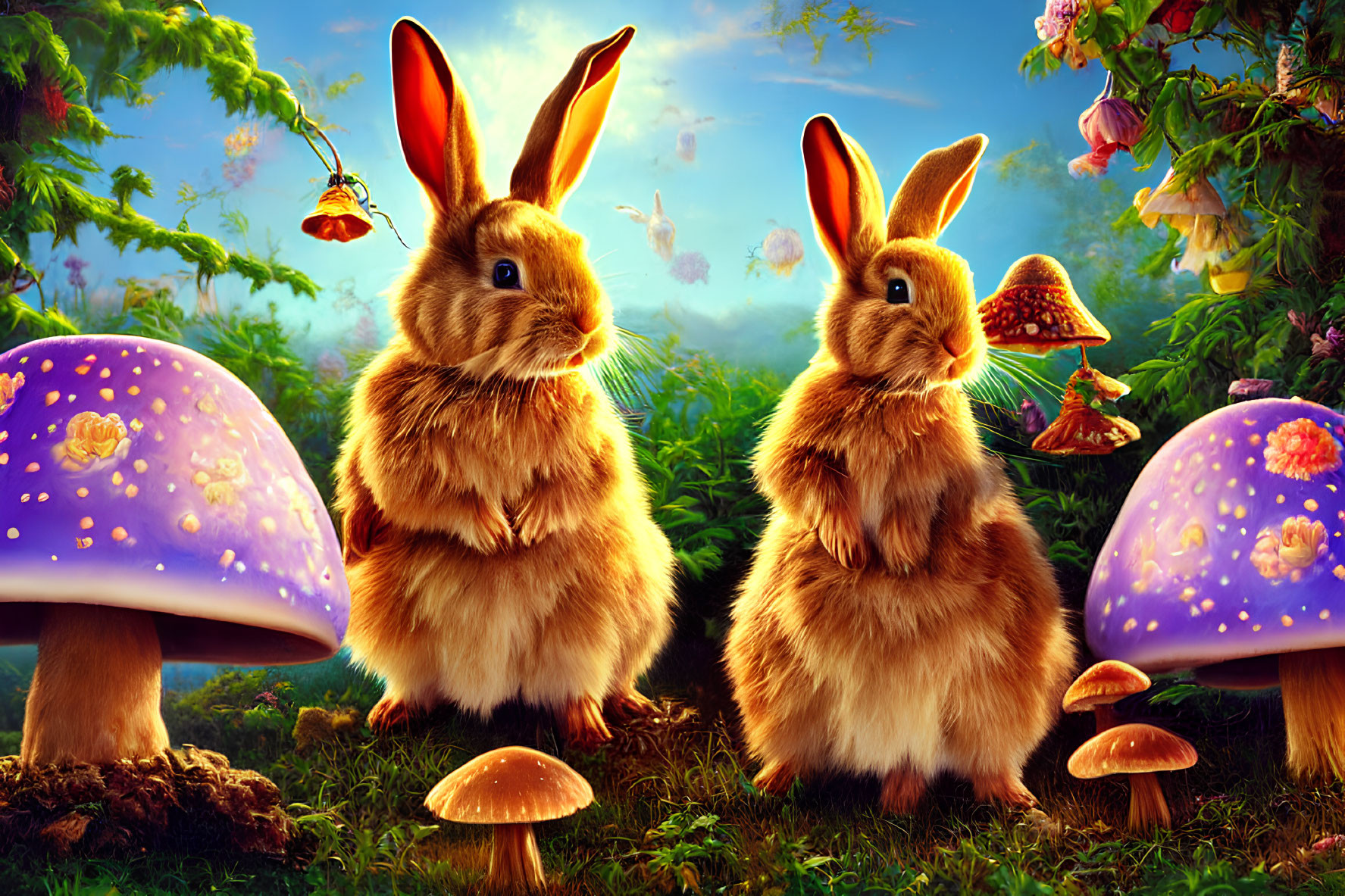 Fluffy rabbits in whimsical forest with vibrant mushrooms and butterflies