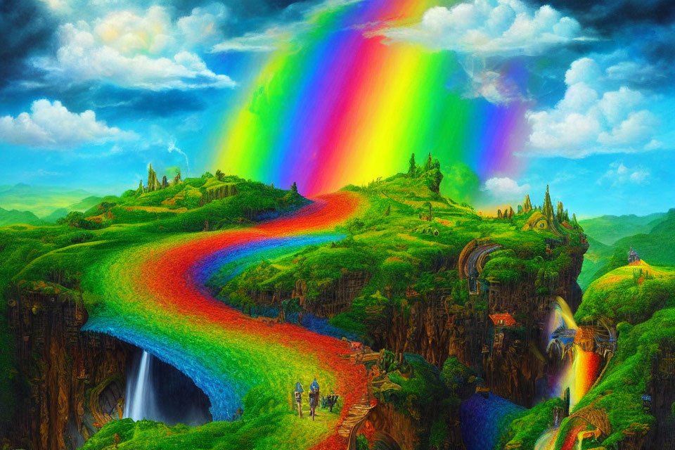 Colorful fantasy landscape with rainbow bridge, waterfall, figures, greenery, and whimsical architecture.