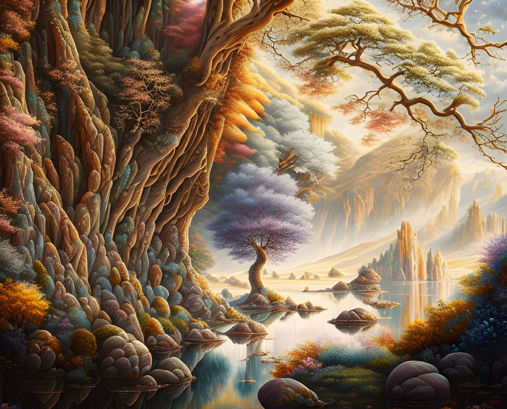 Fantasy landscape with towering trees, serene lake, mystical rock formations