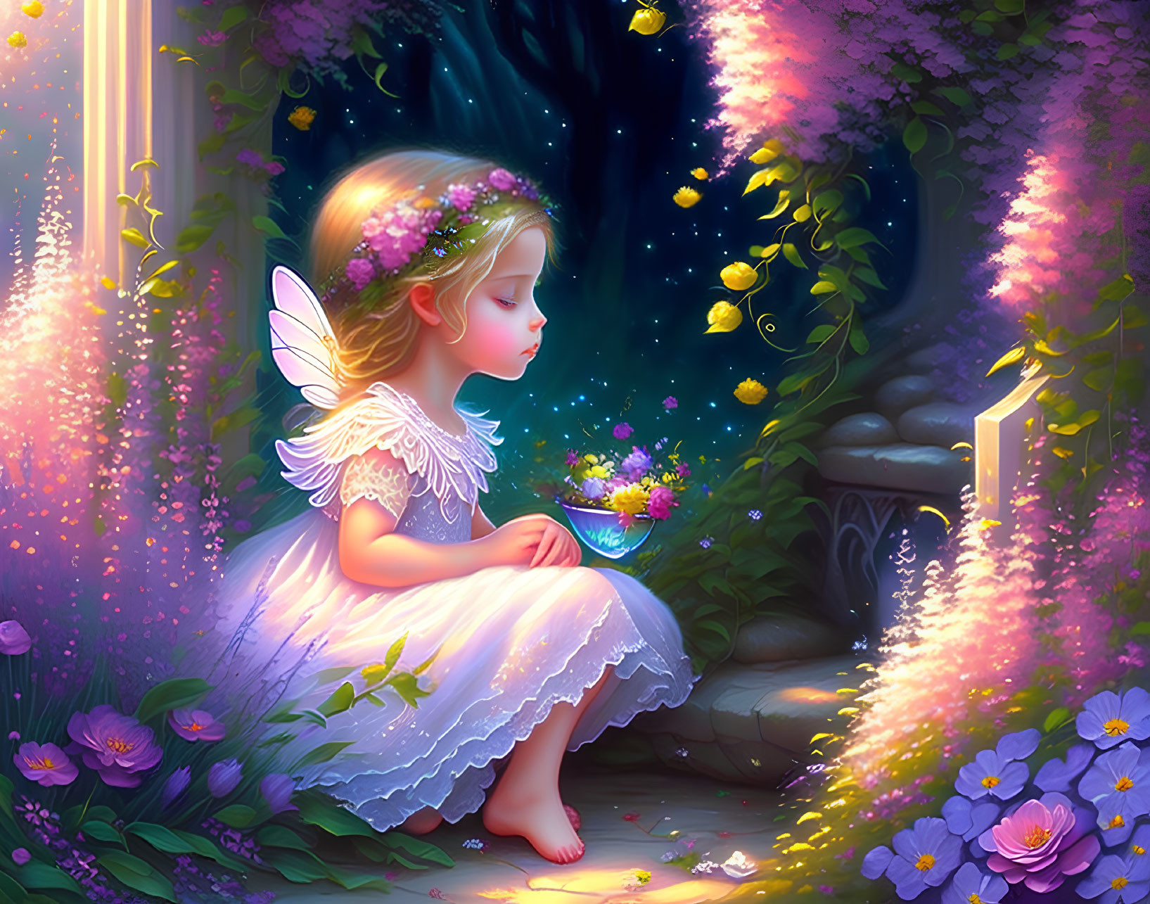 Young fairy girl in enchanted garden at dusk with glowing flowers.