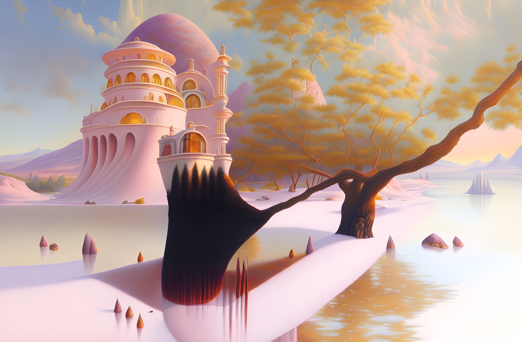 Majestic palace on cliff in whimsical painting with pink and yellow skyscape