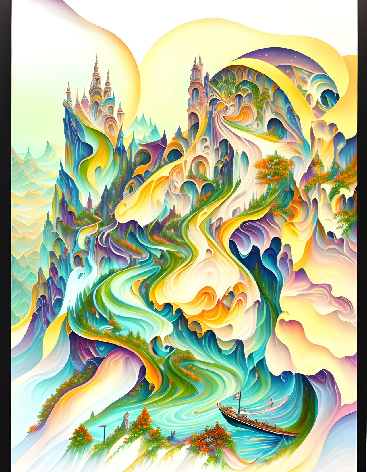 Surreal landscape with swirling patterns, rivers, castle spires, and a boat