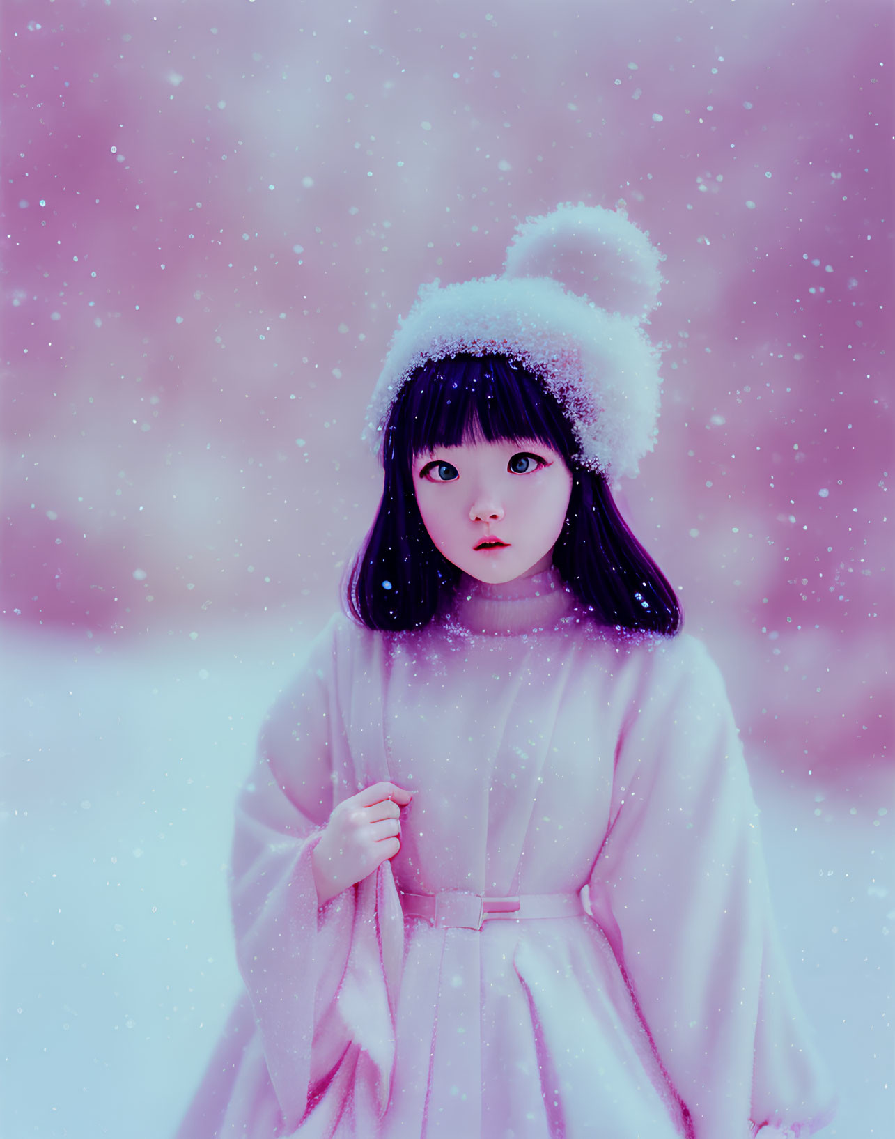 Child in white pom-pom hat and coat gazes at falling snow