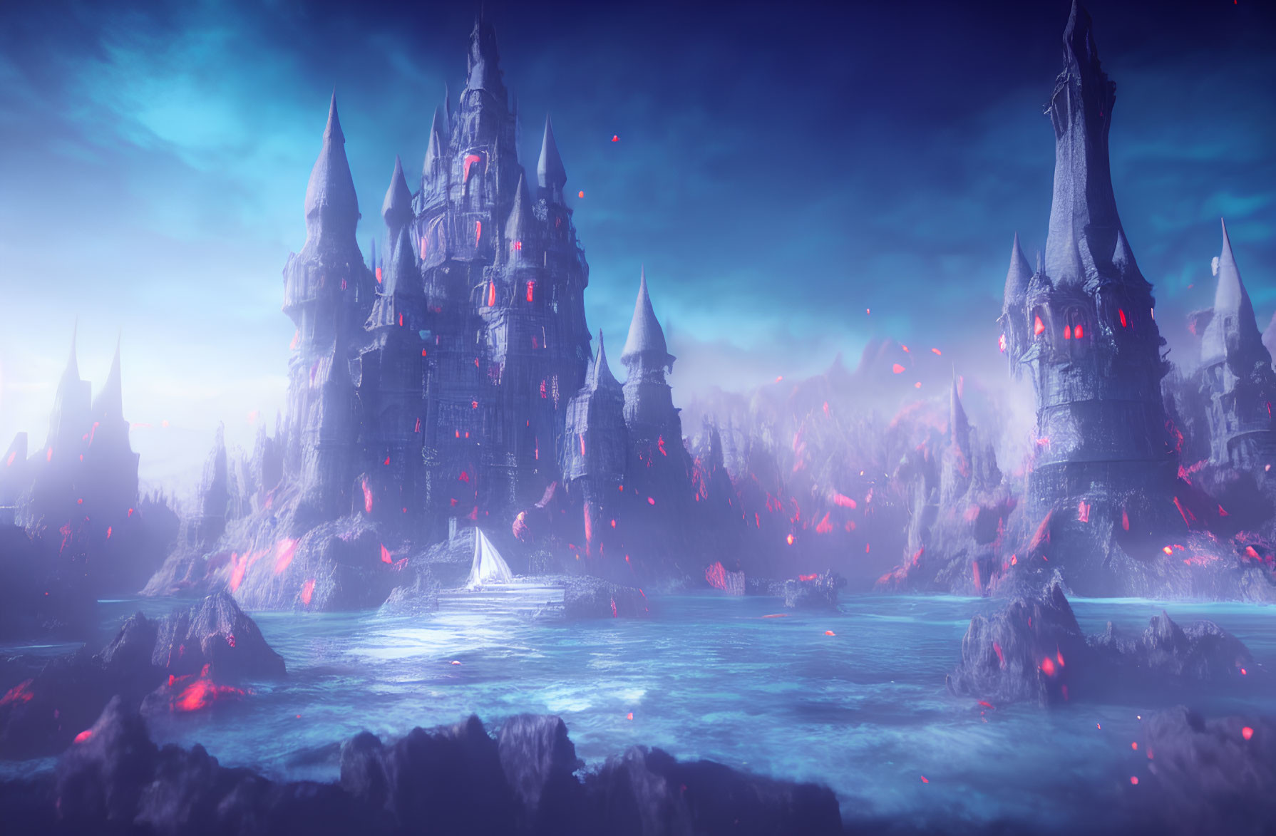 Looming Castle in Icy Terrain with Red Lava and Purple Sky