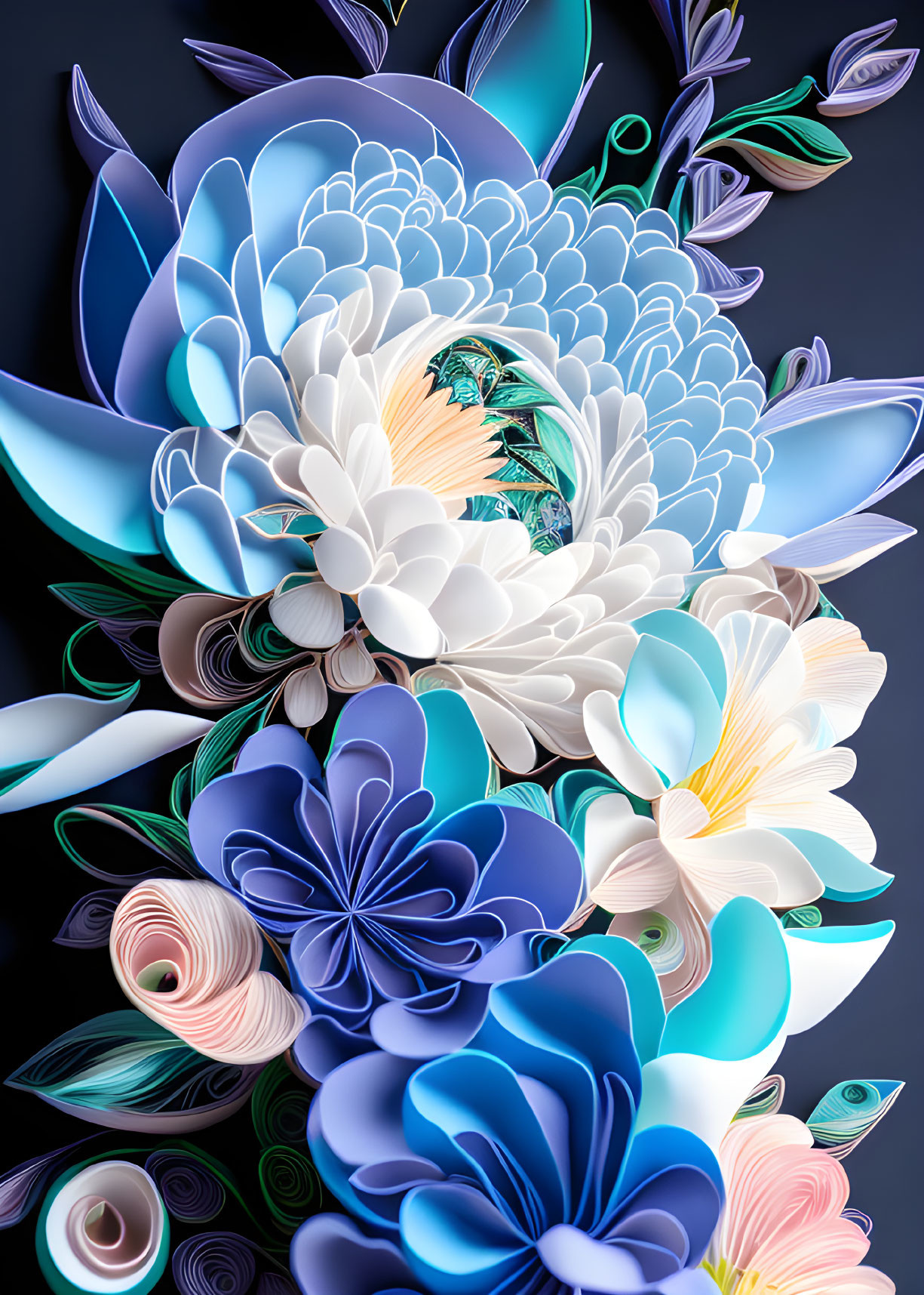 Colorful 3D flower art in blue, white, and purple on dark backdrop