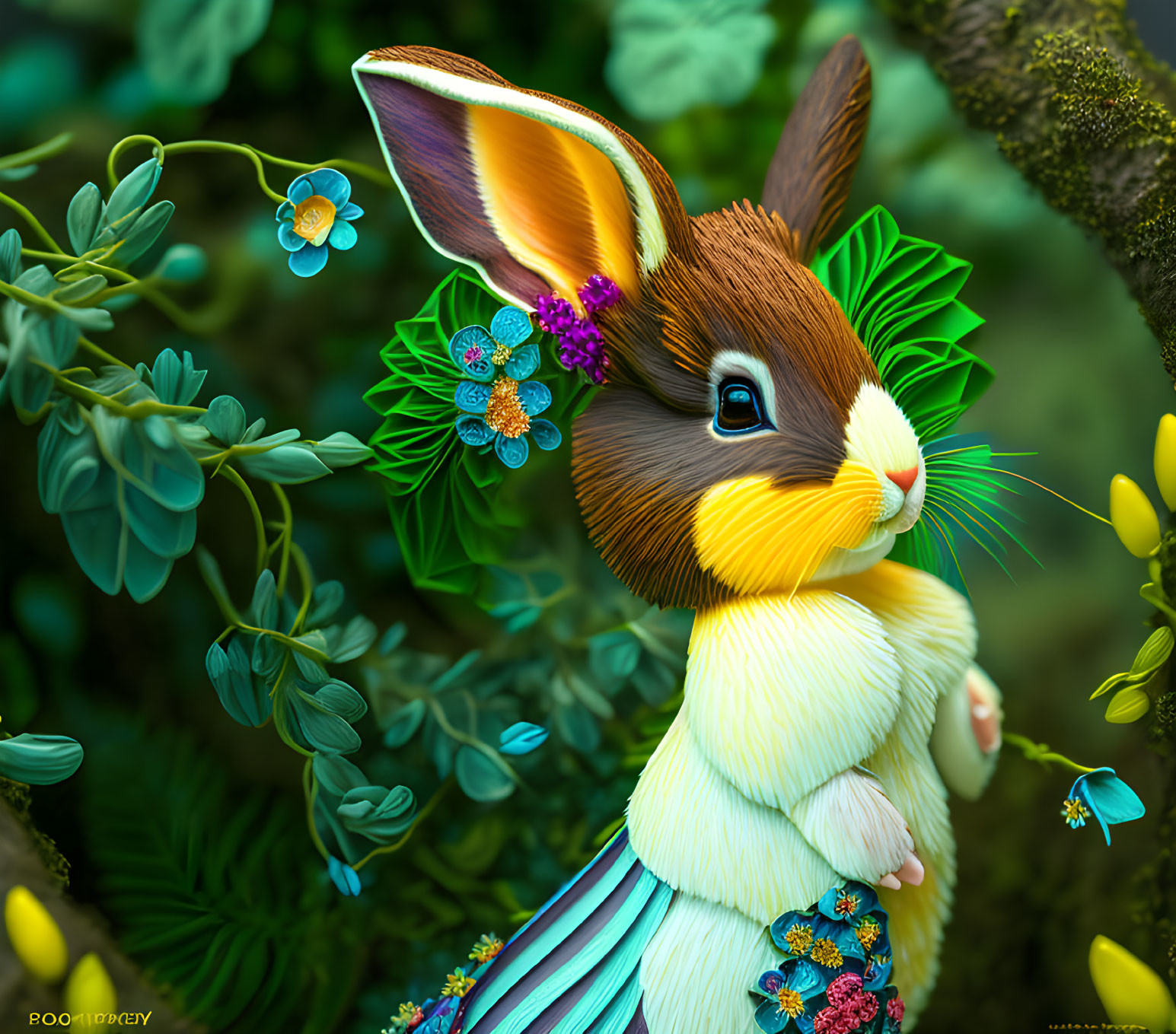 Illustration of a rabbit in floral outfit in lush green setting