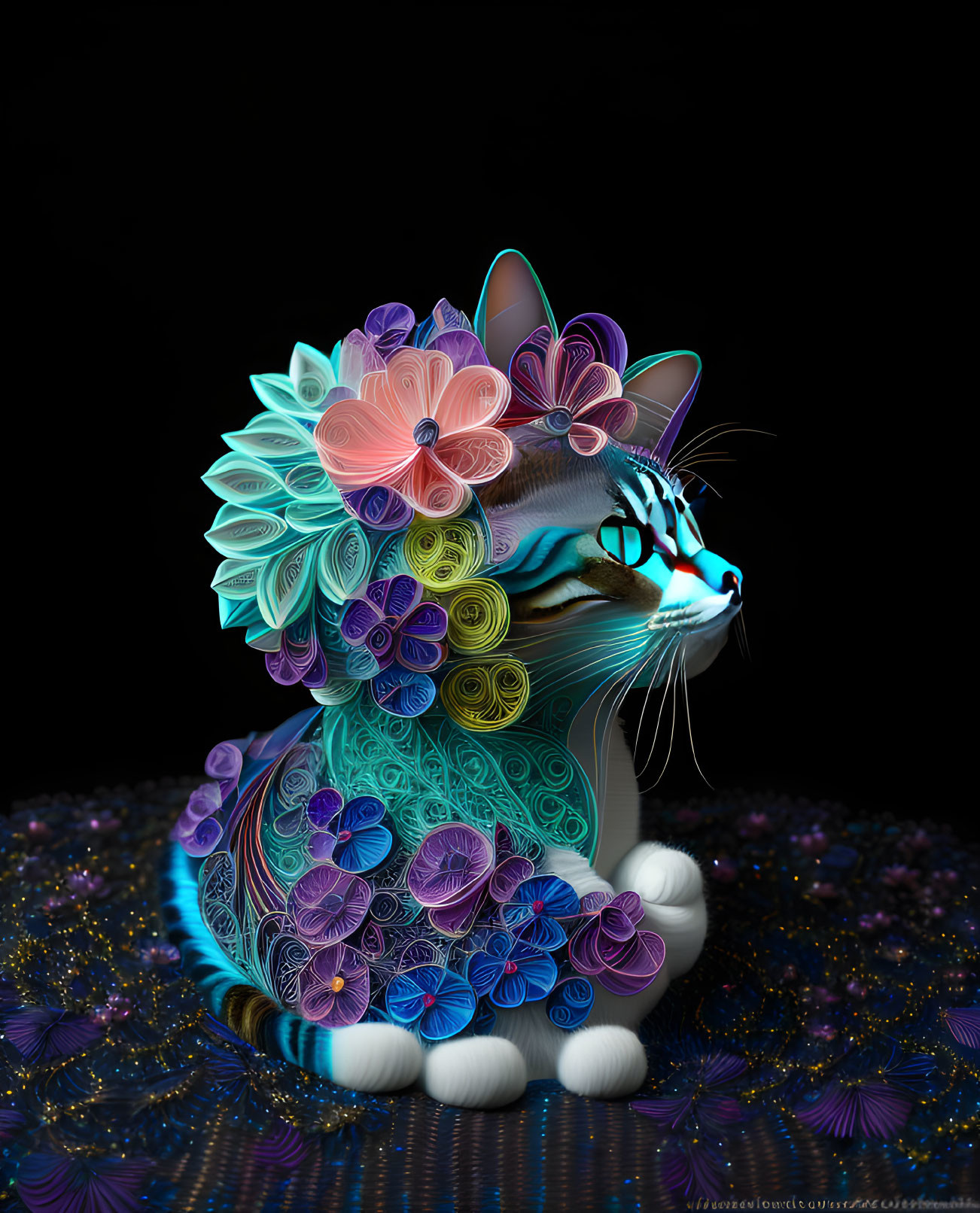 Colorful Floral Patterns on Cat Against Dark Background