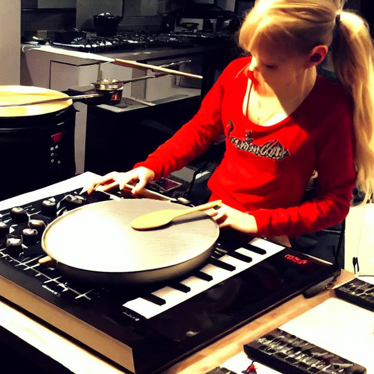 Girl in red top playing drum pad with spatula in home music studio.