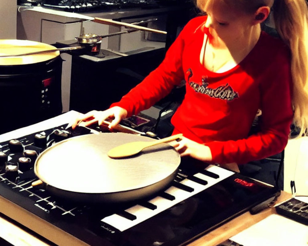 Girl in red top playing drum pad with spatula in home music studio.