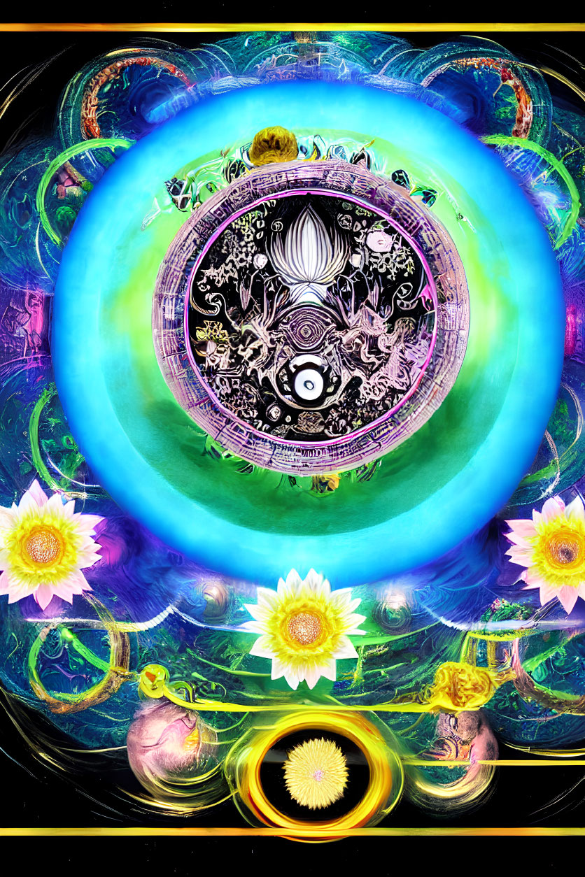 Colorful digital artwork with blue orb, yin-yang symbols, and lotus flowers on cosmic