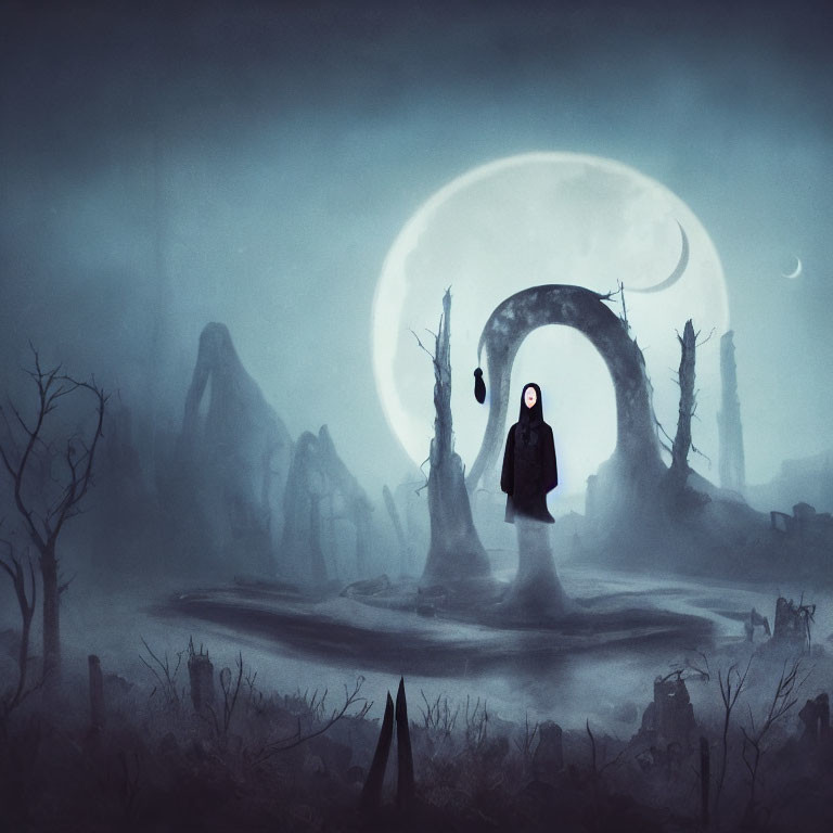 Hooded Figure Under Large Crescent Moon in Bleak Landscape