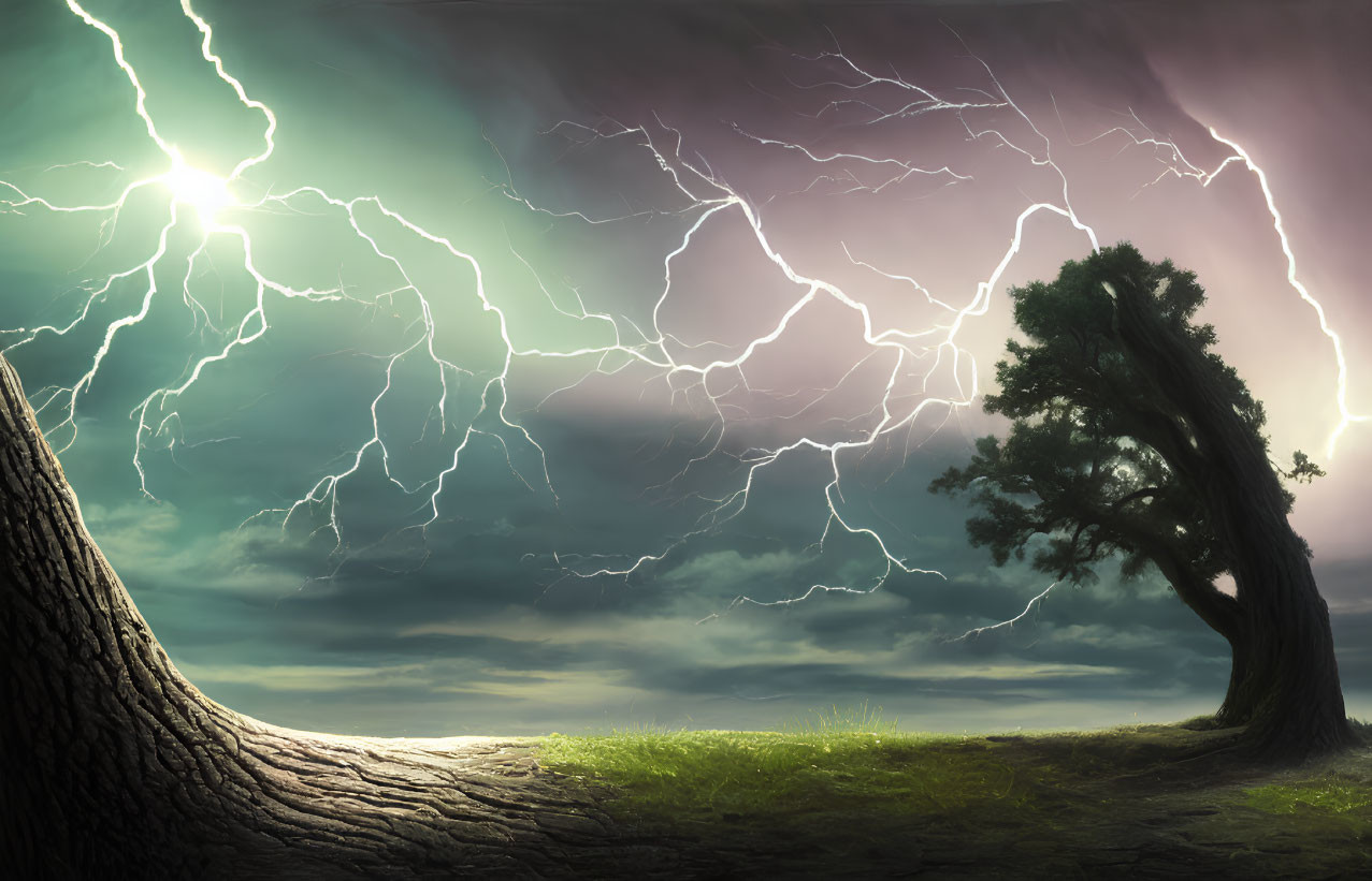 Dramatic lightning-filled sky over solitary tree on grassy hillock