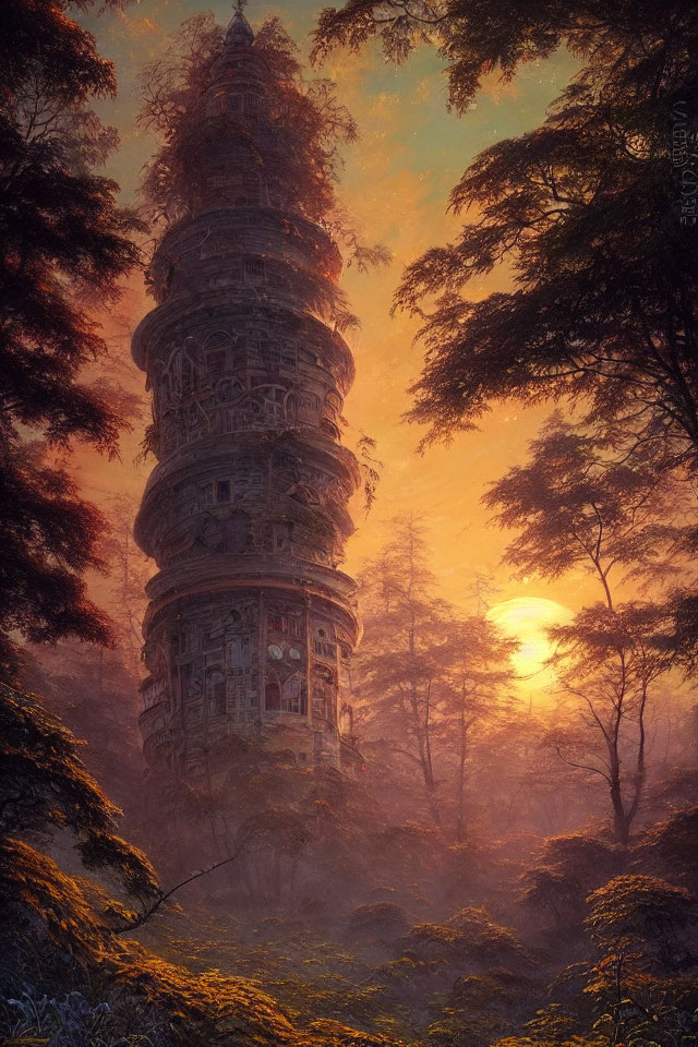 Ancient ornate tower in mystical sunlit forest