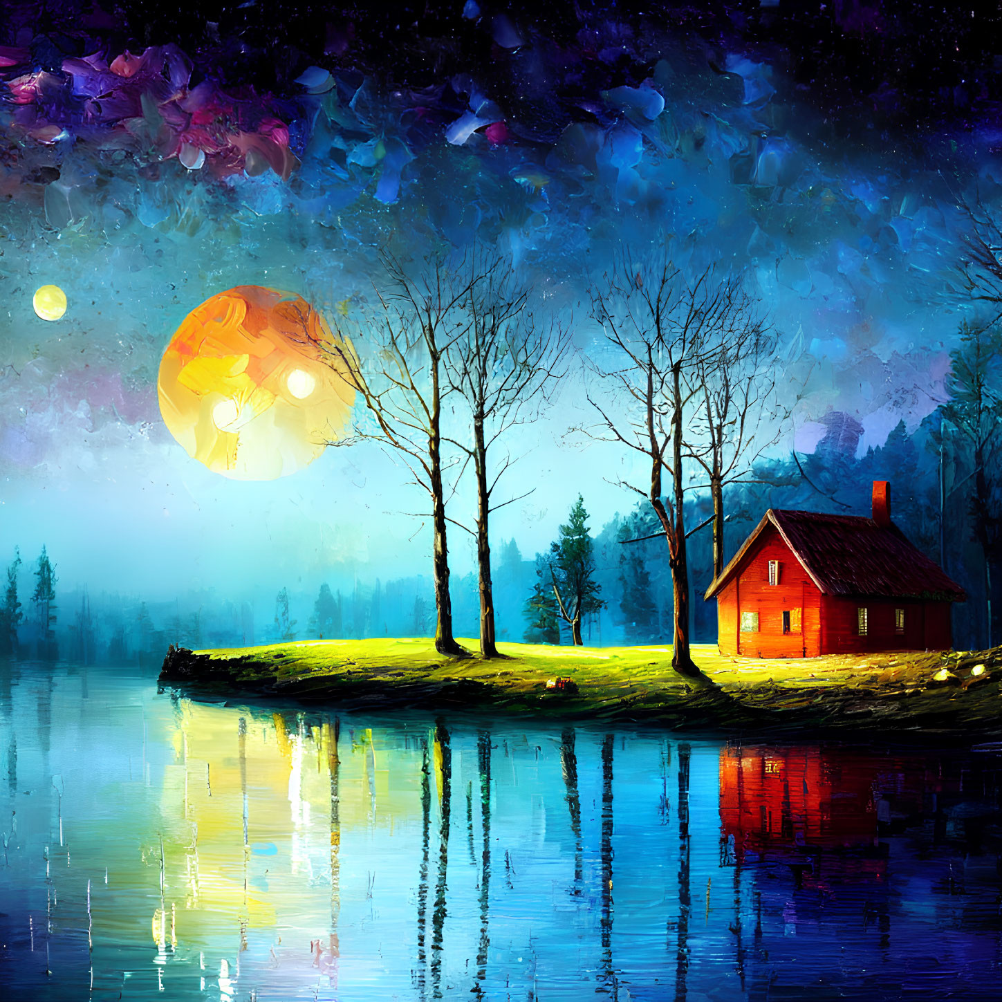 Colorful Painting of Red Cabin by Calm Lake at Night