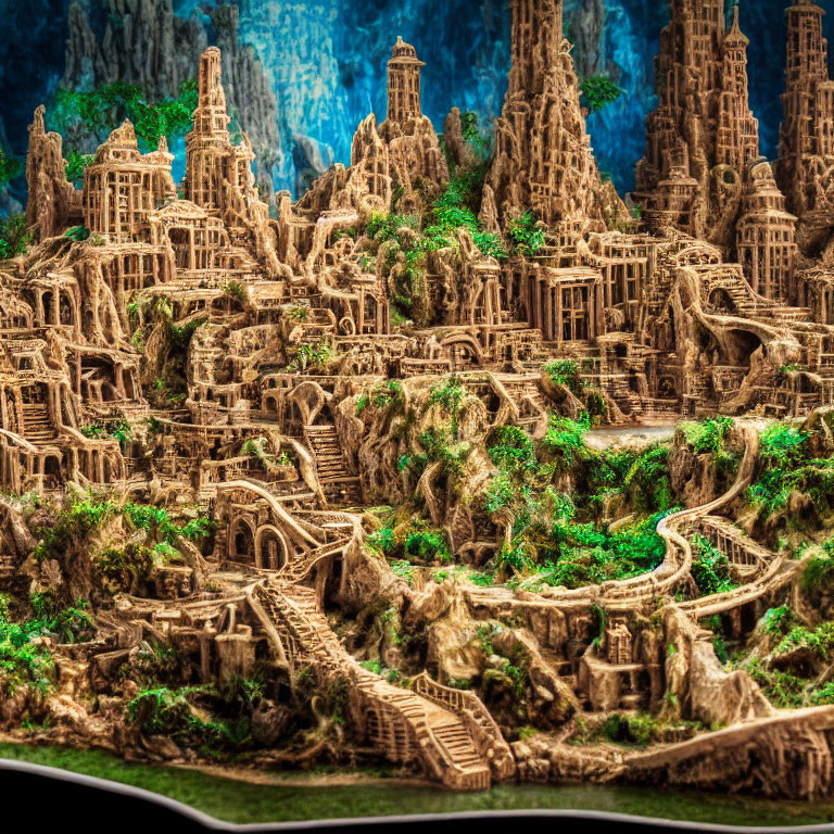 Intricate miniature fantasy cityscape with buildings and greenery