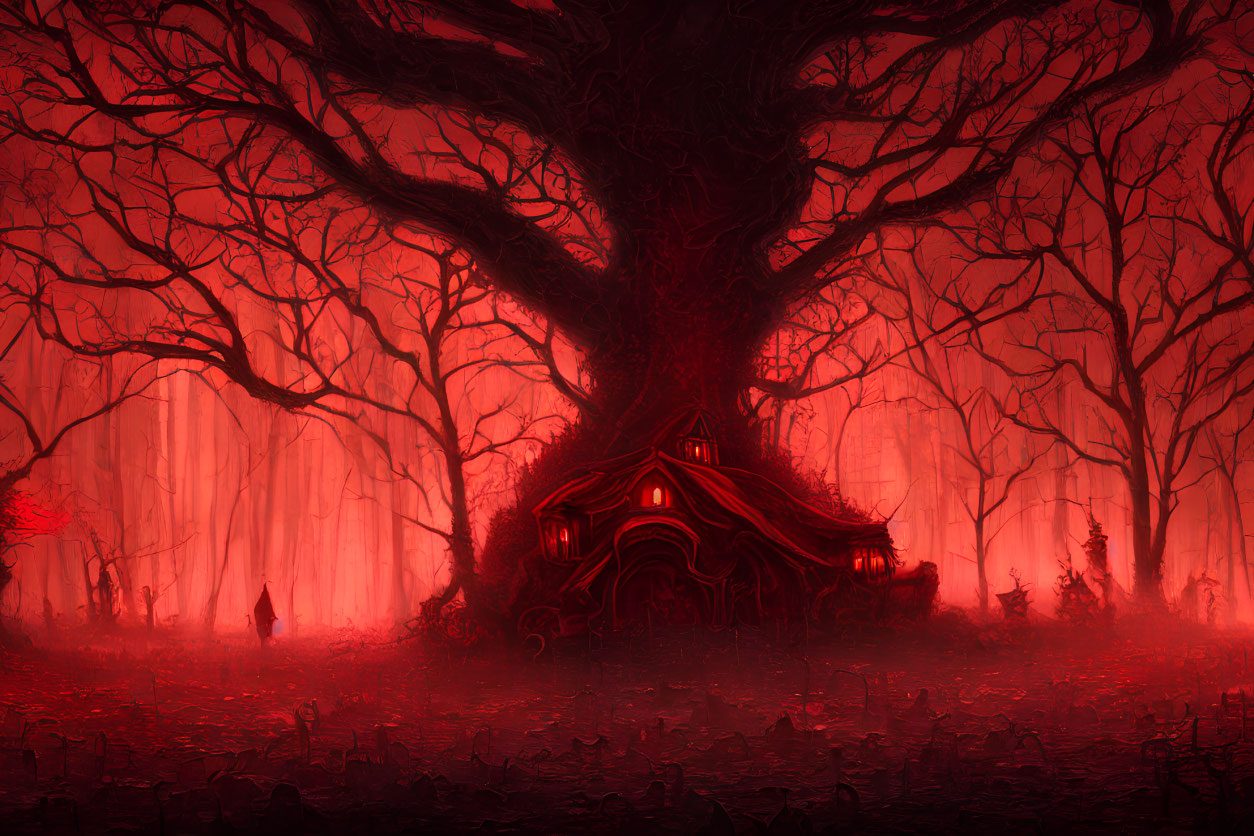 Mystical red forest with large tree, integrated house, enigmatic figures, haunting atmosphere, crimson