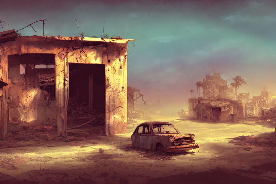 Desolate post-apocalyptic scene with rusty car and crumbled buildings