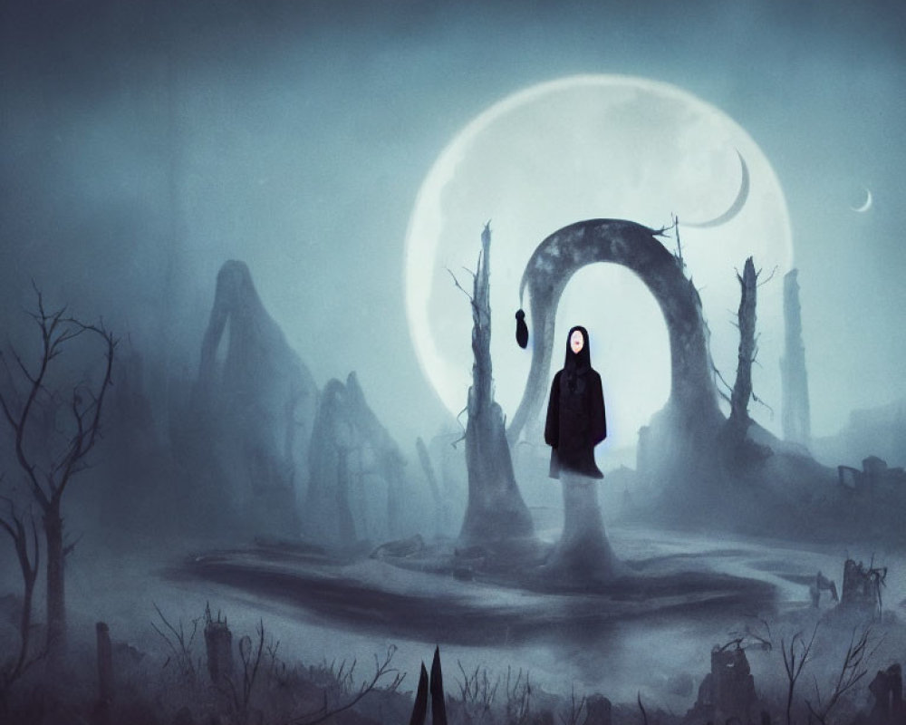 Hooded Figure Under Large Crescent Moon in Bleak Landscape