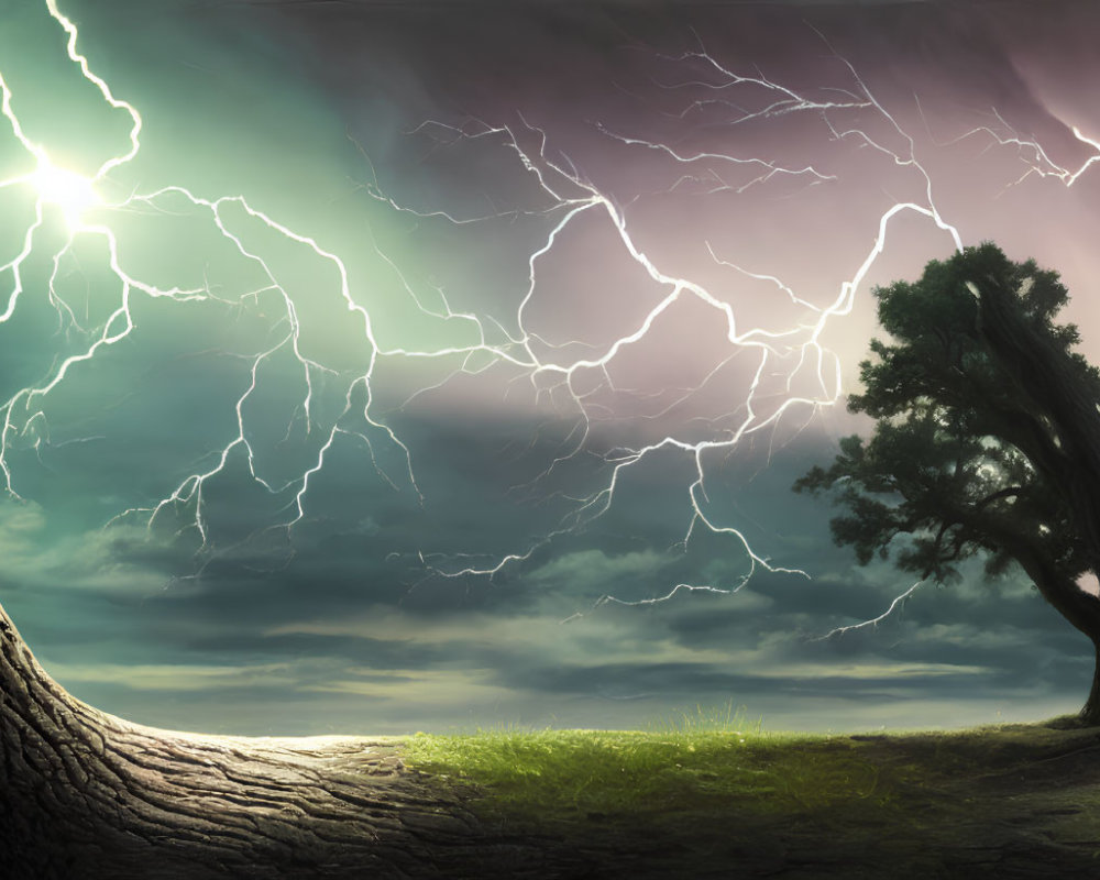 Dramatic lightning-filled sky over solitary tree on grassy hillock