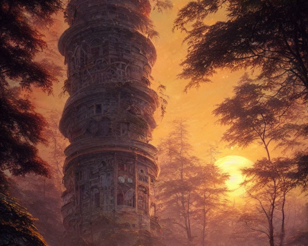 Ancient ornate tower in mystical sunlit forest