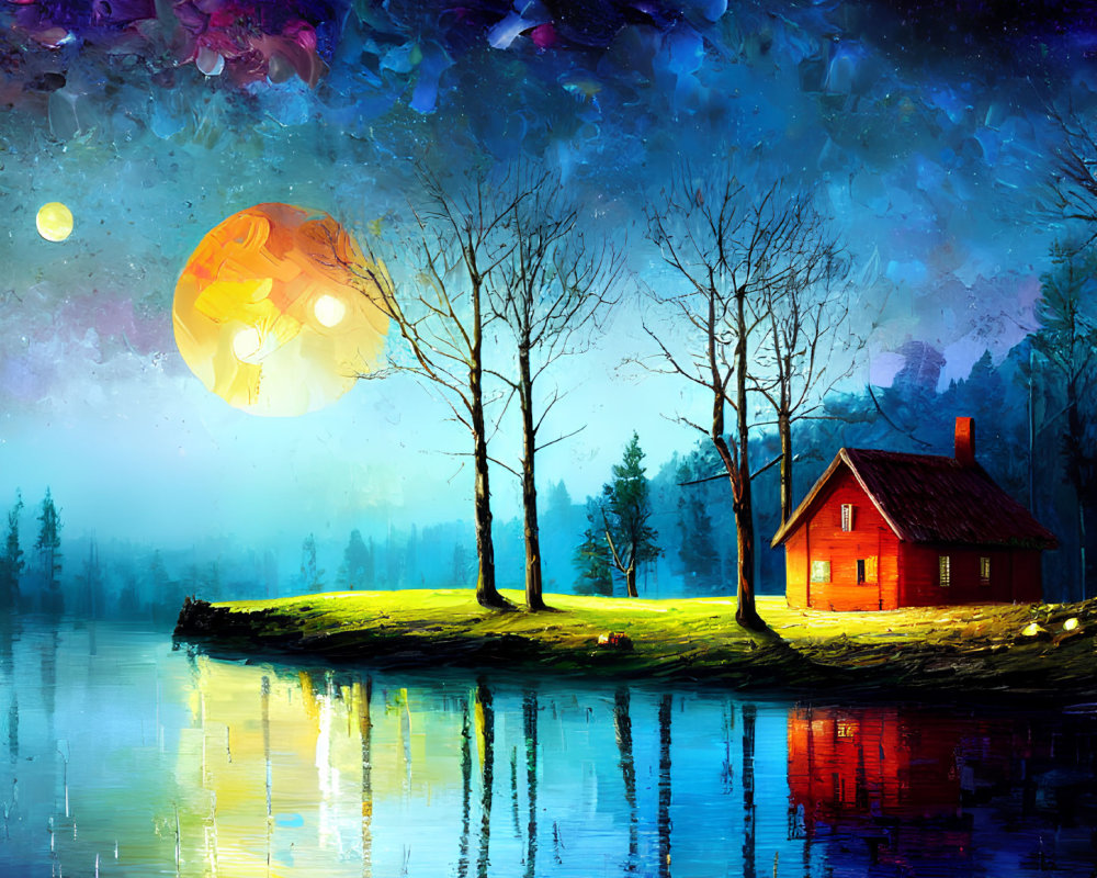 Colorful Painting of Red Cabin by Calm Lake at Night