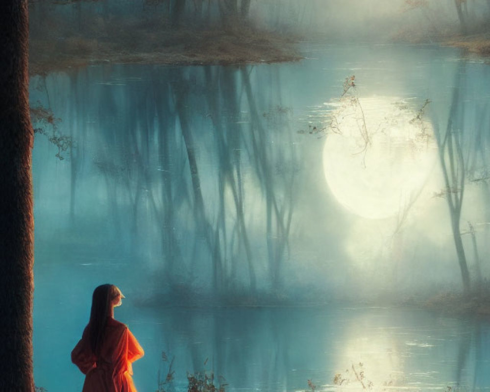 Tranquil twilight scene of woman in red cloak by misty lake