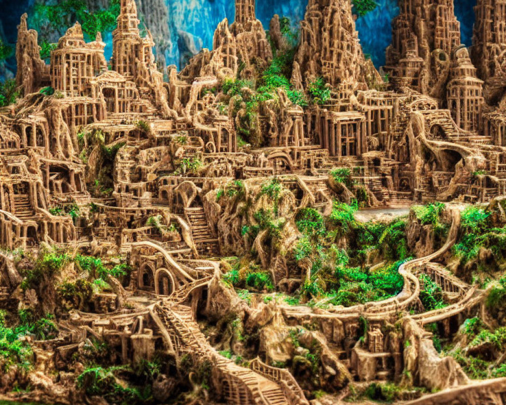 Intricate miniature fantasy cityscape with buildings and greenery