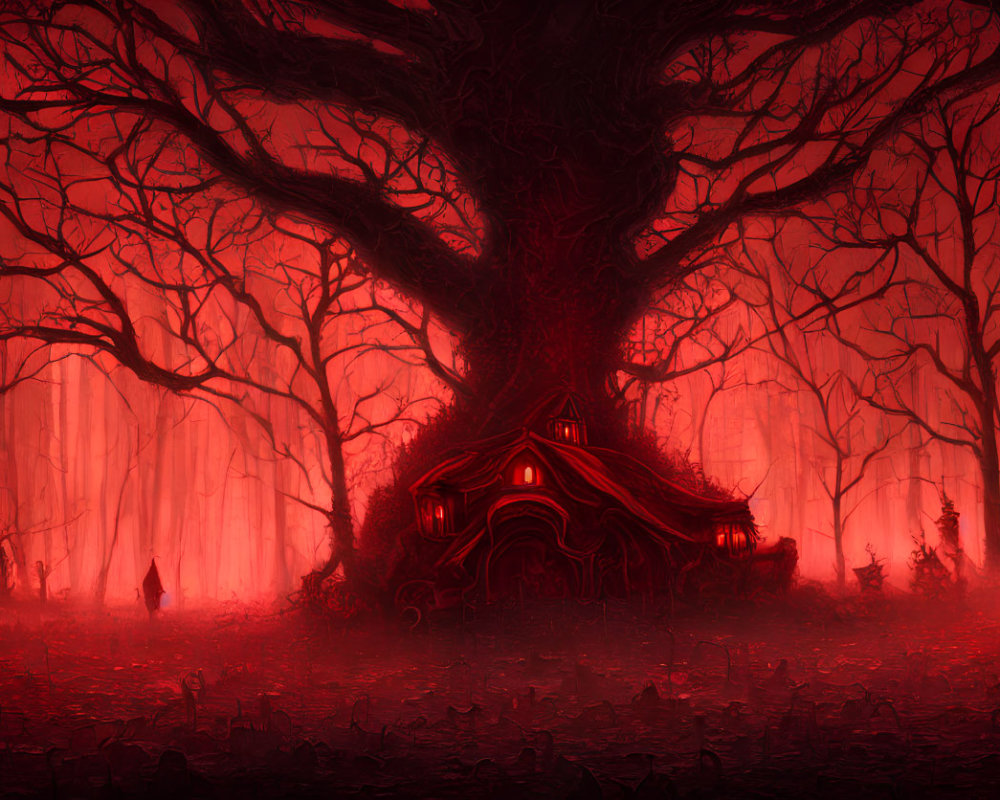 Mystical red forest with large tree, integrated house, enigmatic figures, haunting atmosphere, crimson