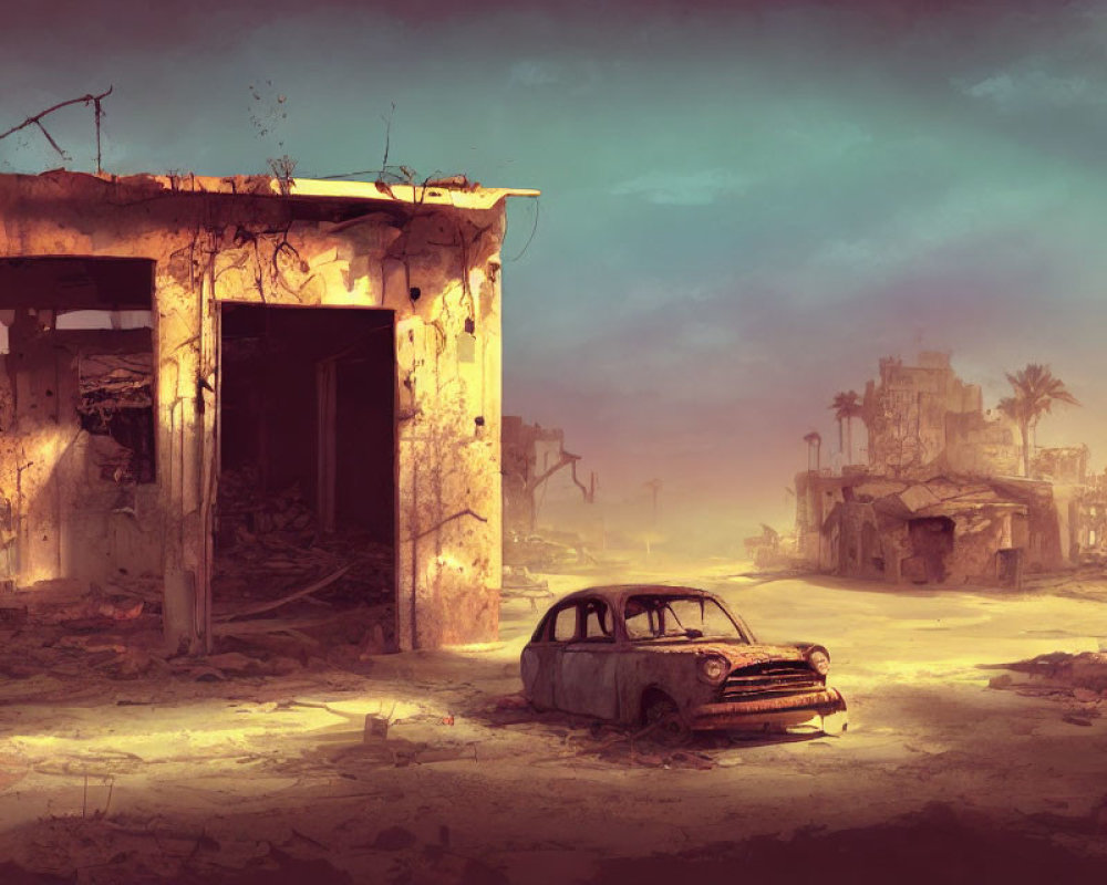 Desolate post-apocalyptic scene with rusty car and crumbled buildings