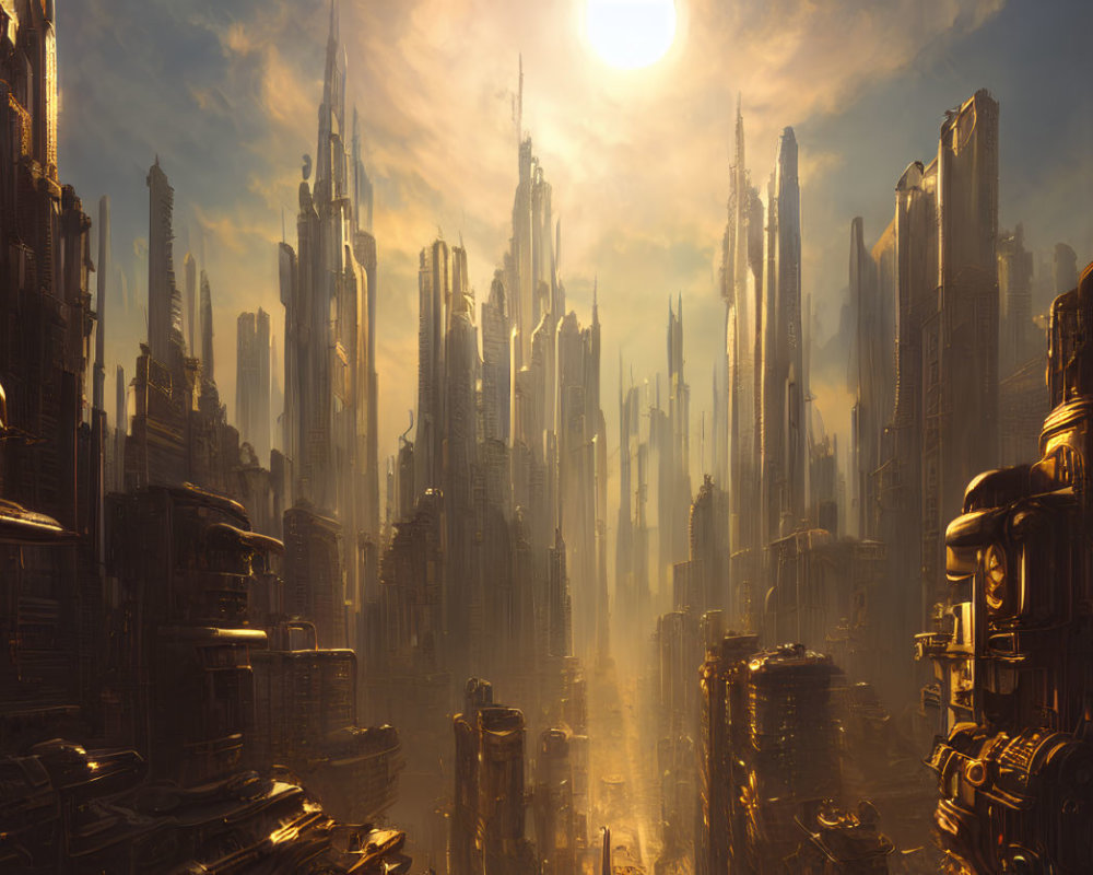 Futuristic cityscape with golden sunlight, skyscrapers, advanced architecture, and dramatic sky