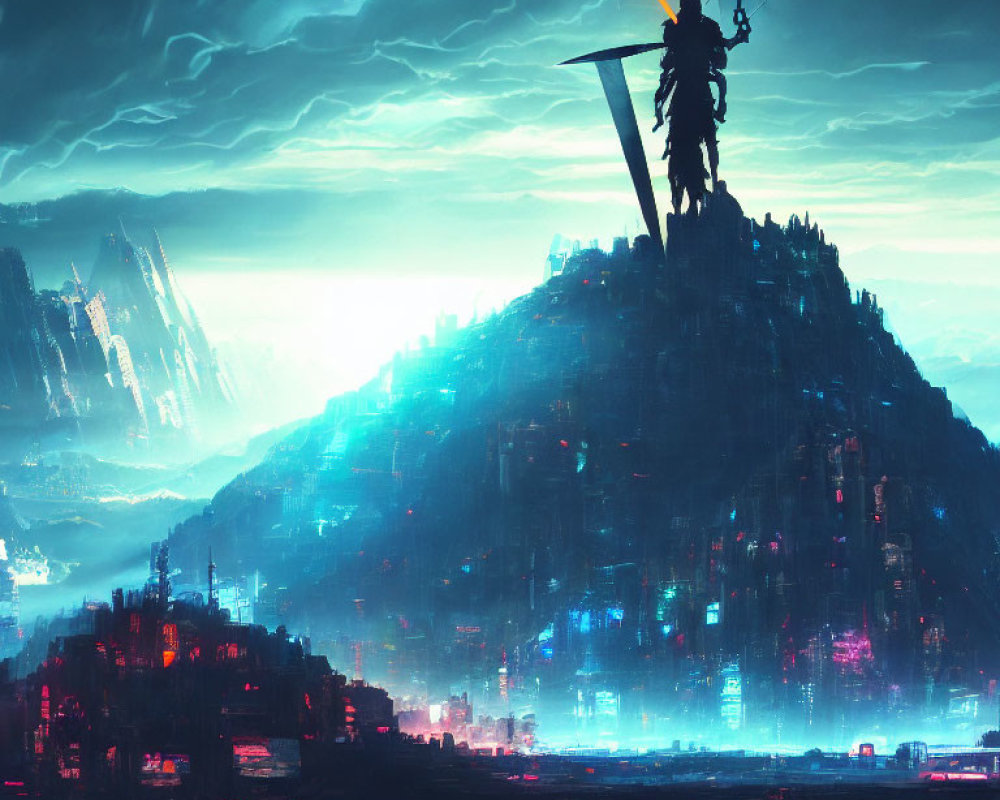 Futuristic knight in neon-lit city under stormy sky