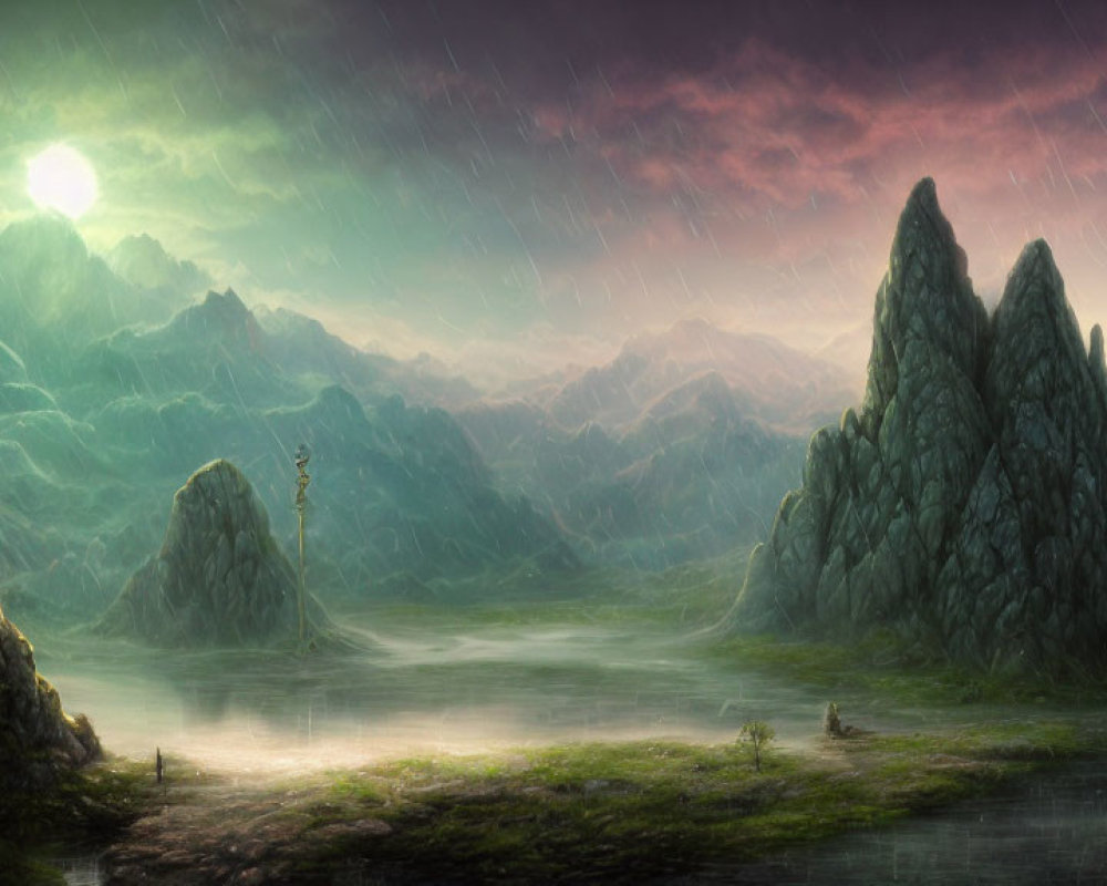 Mystical landscape with mountains, lake, figure, and rock formation in rain