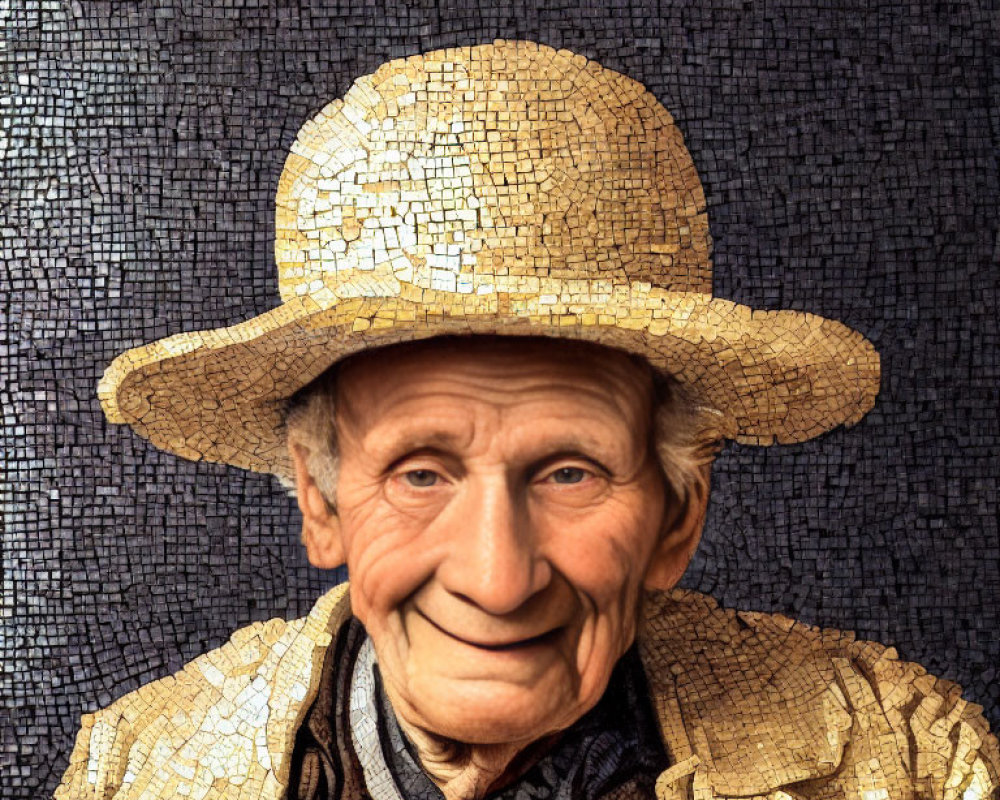 Elderly person in golden straw hat and shirt on dark tiled background