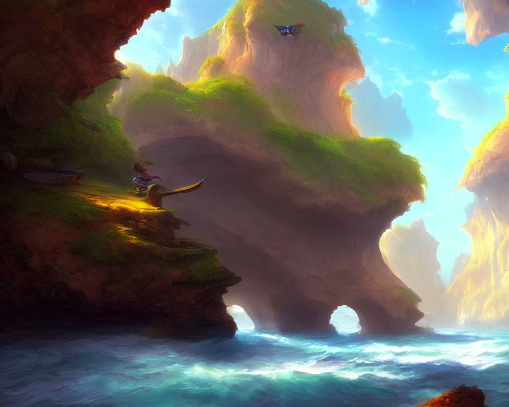 Fantasy landscape with cliffs, waterfalls, sea, and canoe paddler