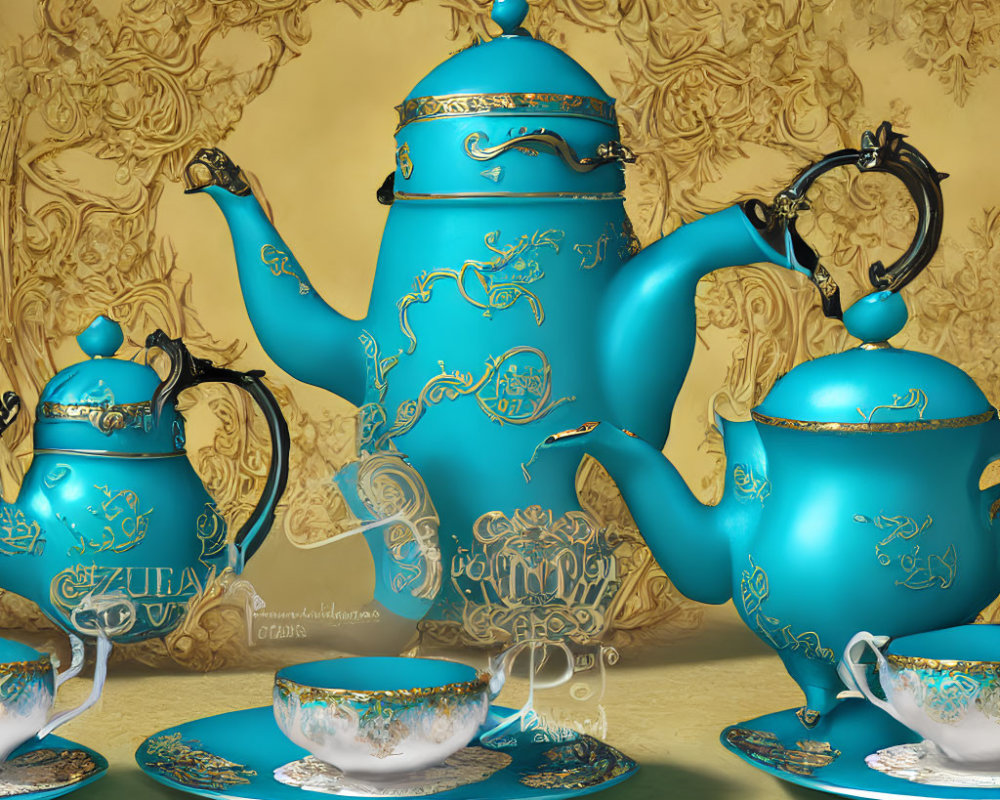 Turquoise and Gold Tea Set with Intricate Patterns