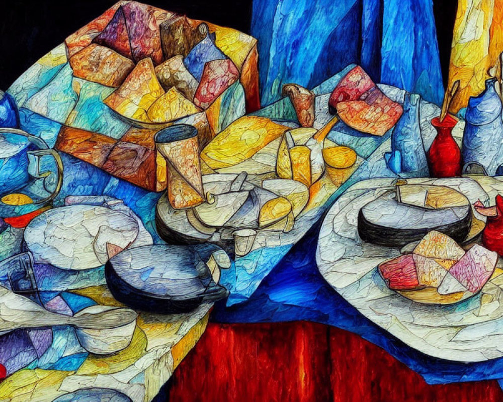 Vibrant Dining Table Artwork with Plates, Cups, Utensils, and Food Items